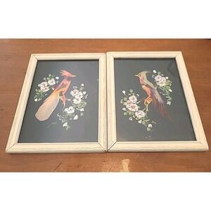 Vintage Mexican Handpainted "Feather Art" Multi Color Bird Folk Art Set Of 2